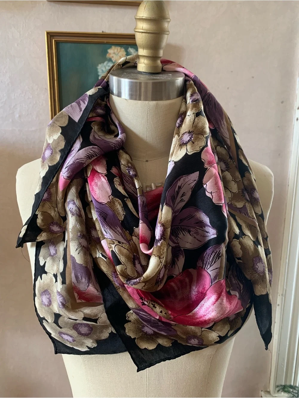 Adrienne Vittadini Floral Silk Scarf in Black, Pink & Gold